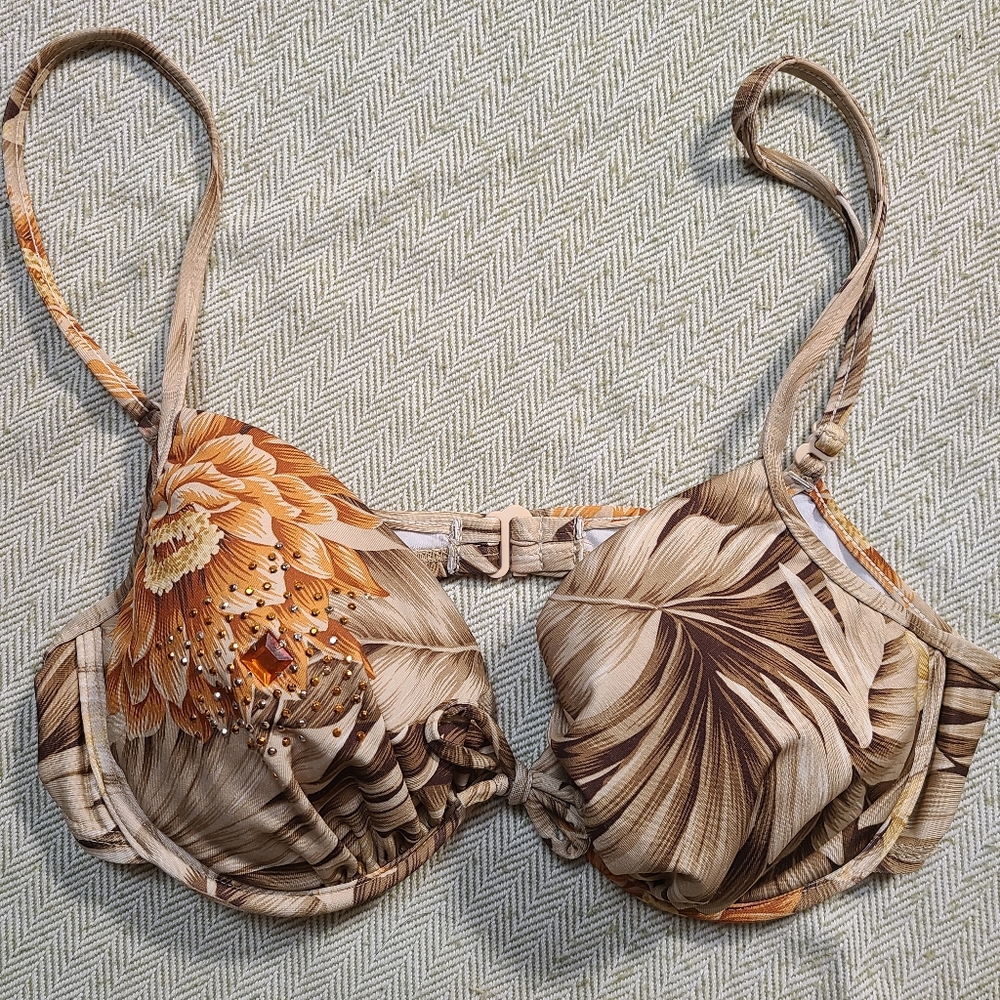 Jennifer Kay Women's Brown Tropical Leaves Bejeweled String Bikini Top size 12